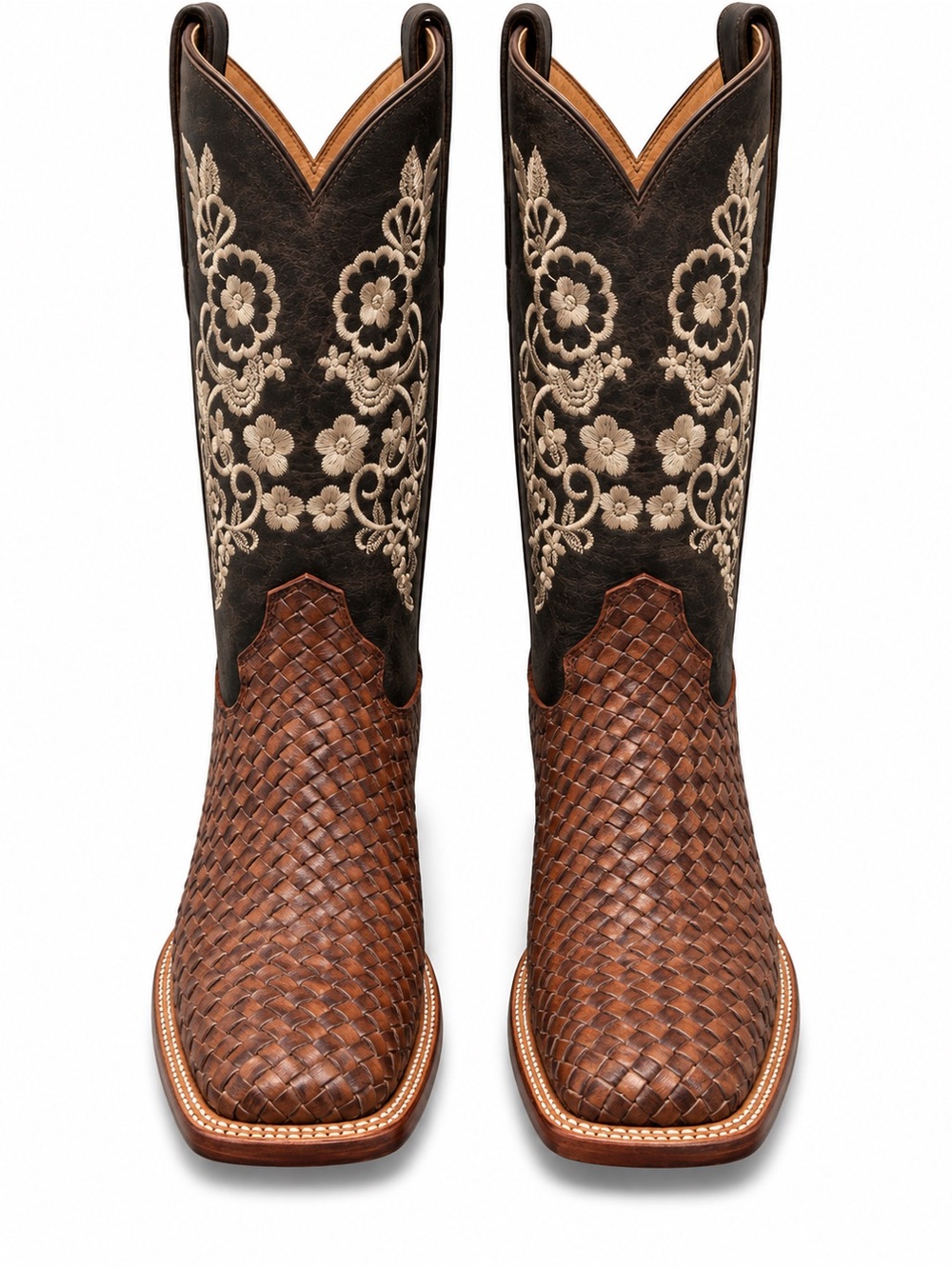 Leather Innovation Boots Brown Woven Leather Western Cowboy Boots Floral Embroid